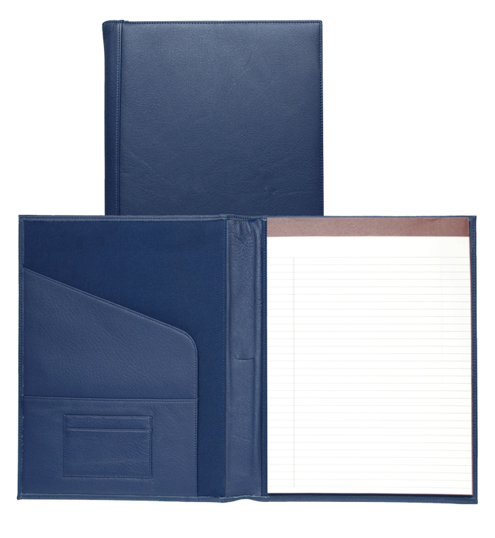 inside and outside views of indigo blue leather padfolio