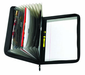 black vinyl zippered portfolio with accordion-style folders