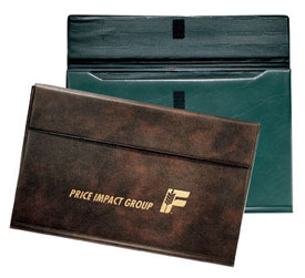 green and Burgundy gusseted envelope-style portfolios