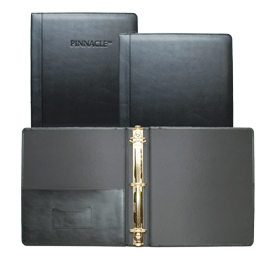 inside and outside views of black leather three ring binder