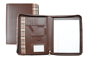 brown leather zippered padfolio with plaid fabric trim