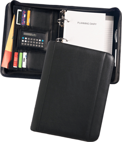 black leather three ring organizer planners