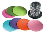 black, spring green, meadow green, ocean blue, azalea pink, pumpkin orange and violet leather coasters